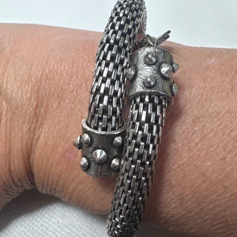 Alex and Ani Vintage Sixty-Six Silver Mesh Wrap Bangle Bracelet Studded‎ Charms